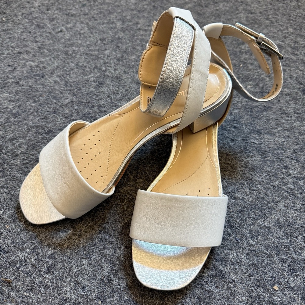 Clark's Leather Sandals Low Block Heel Event Comfort Ivory Silver
